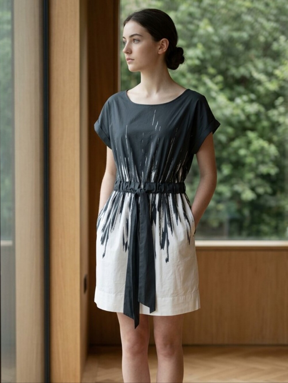 BCBGMaxAzria Black and White Cotton Blend Drawstring Waist Dress With Pockets